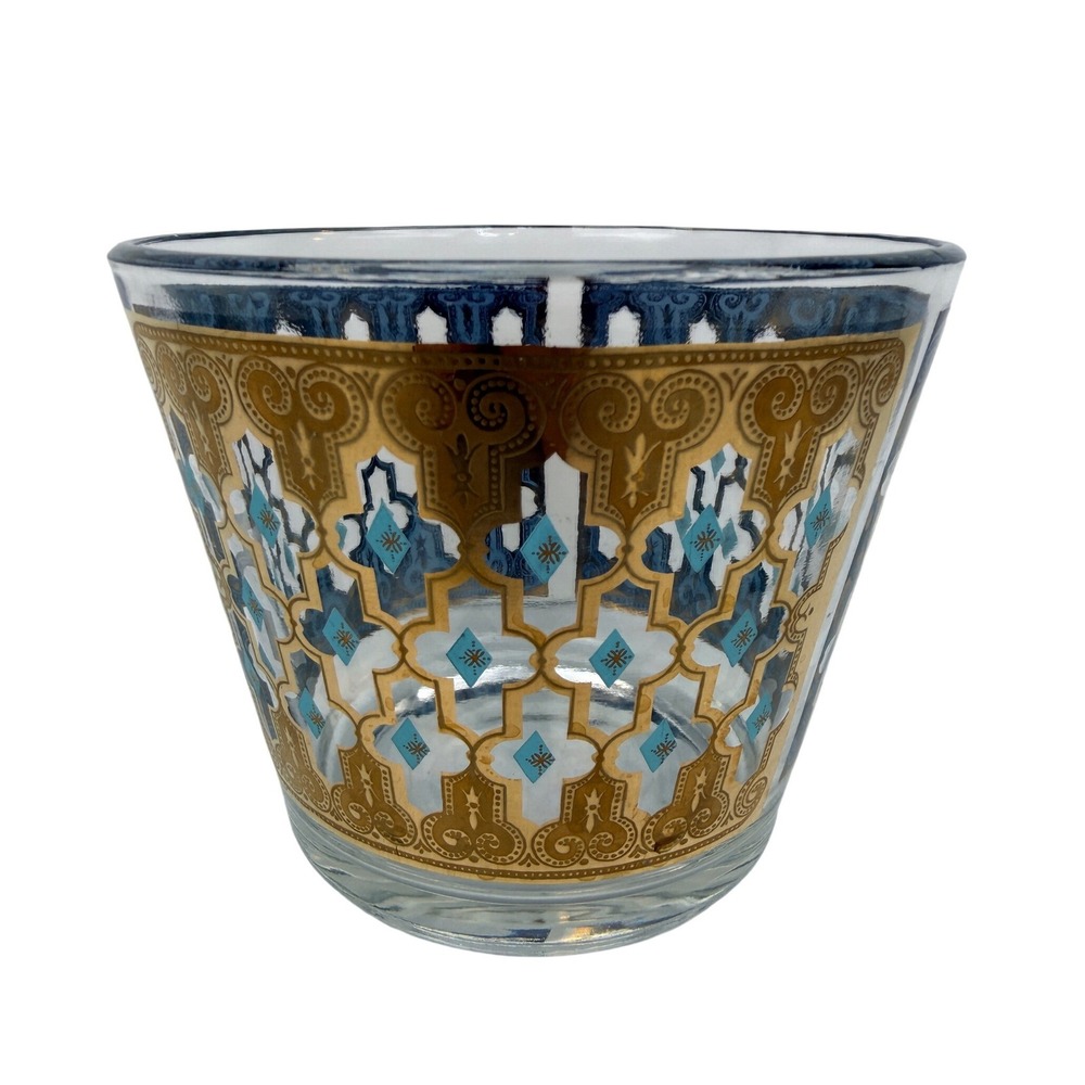 Culver Ltd Pisa Ice Bucket Vintage 22k Gold Turquoise Blue Glass Barware MCM